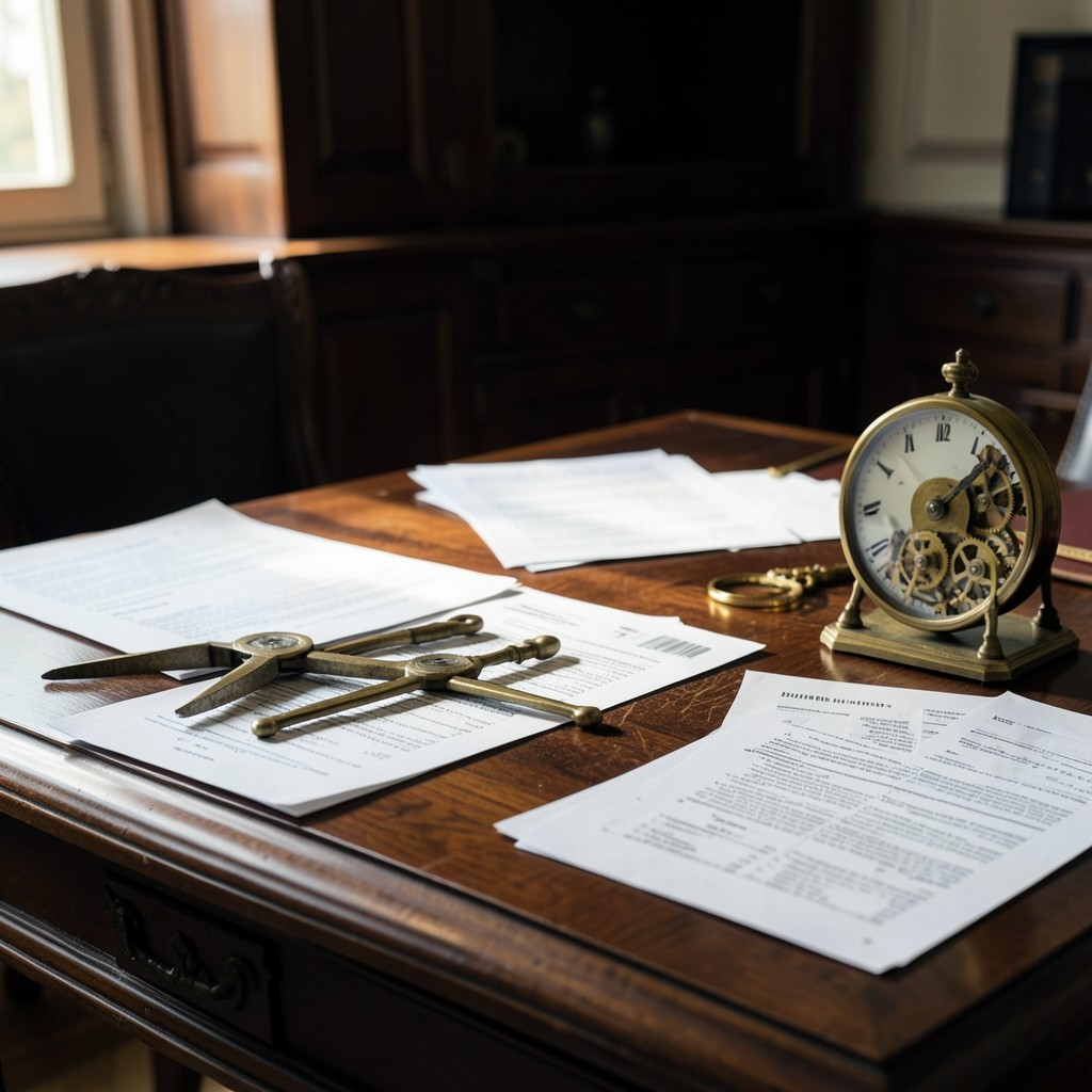 Bureau de consultation juridique avec documents de droit du travail et instruments de mesure en laiton